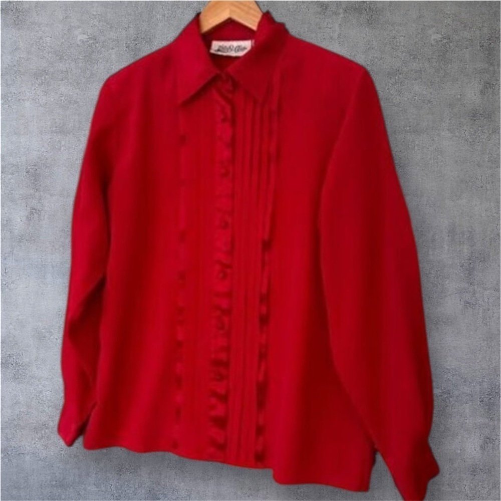 Yves St. Clair Red Ruffle Button Down Blouse Size 8 Long Sleeve Vintage Retro